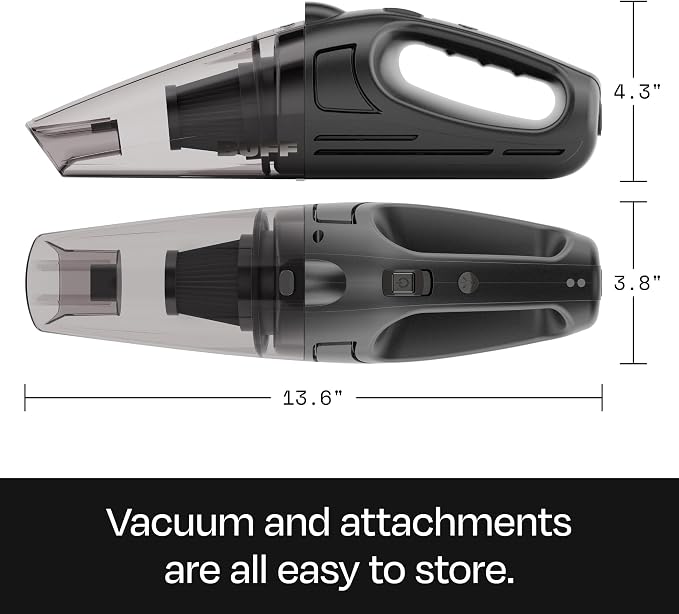 BUFF Handheld Vacuum Cordless - Portable and Rechargeable Car Vacuum Cleaner with LED Flashlight, Crevice Tool, Brush, and Storage Case for Home, Office, Car, Pets - Black