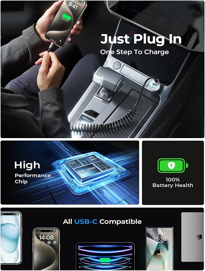 LISEN Car Charger with 45W Built-in USB-C 36 inch Coiled Cable, 90W Multi-Port Fast Charging Cigarette Lighter Adapter for iPhone 17/16/15 Pro Max, Samsung Galaxy S26 Ultra, Black | Car Charger USB C Fast Charge Adapter,Super Fast for Men Women, Car Ac...