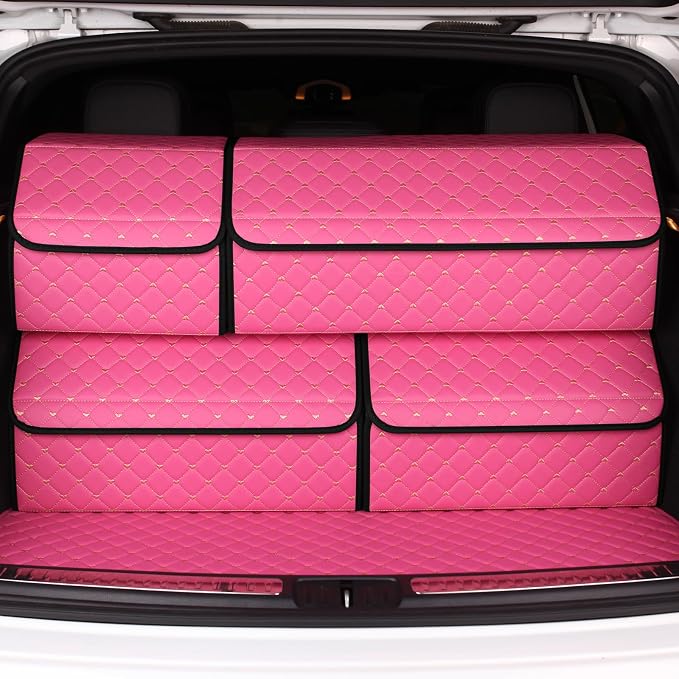car organizers and storage for SUV,trunk organizer for sedan, leather foldable sleek box with lid,collapsible cargo bins, tool accessories containers,Pink women (21.65 inch)