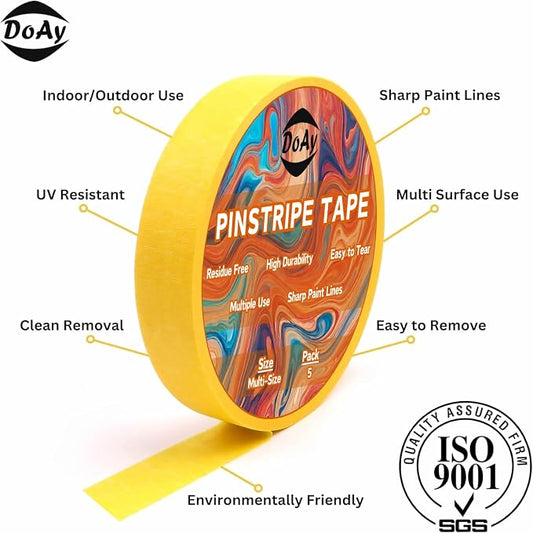 5 Rolls Pinstripe Tape - Masking Tape 1/16", 1/8", 1/4", 1/2", 3/4" - Thin Painters Masking Automotive Tape for DIY, Car, Auto, Paint, Art, Tumblers (Yellow)
