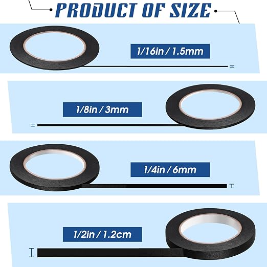 Epakh 4 Pack Painters Tape, Pinstripe Masking Tapes in 1/16, 1/8, 1/4 and 1/2 Inch Wide Suitable for Multi-Surface Automotive DIY Painting Labeling Arts Crafts Car Spray General Purpose(Black,55 yd)
