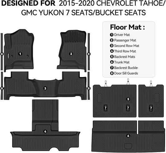 Floor Mats for 2015-2020 Chevrolet Tahoe/GMC Yukon 7 Seat Bucket Seats, Trunk Mat and 2nd/3rd Backrest Mat & Door Sill Guard All Weather TPE Protector for Chevy Tahoe Accessories