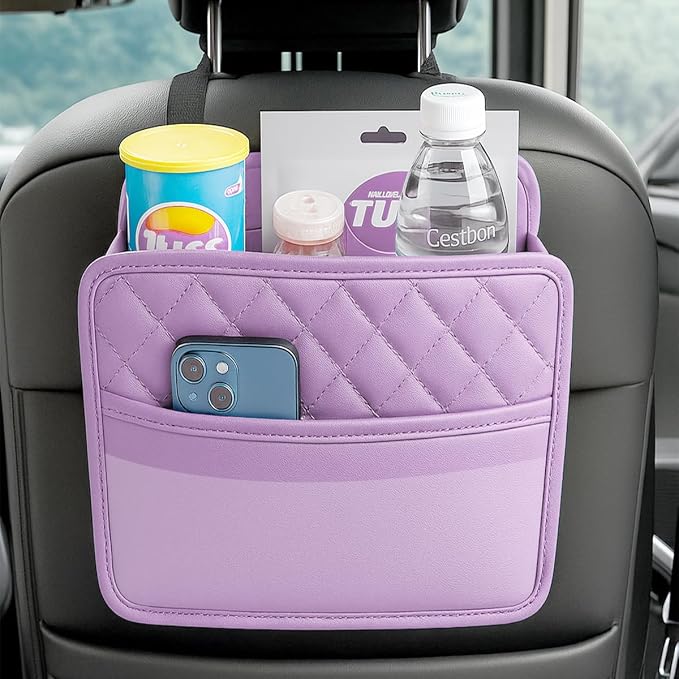 Mandark Car Seat Back Organizer, PU Leather Automotive Backseat Hanging Storage Pocket, Multipurpose Vehicle Travel Essentials Accessories for Kids & Adults, Universal for Most Cars (Purple)