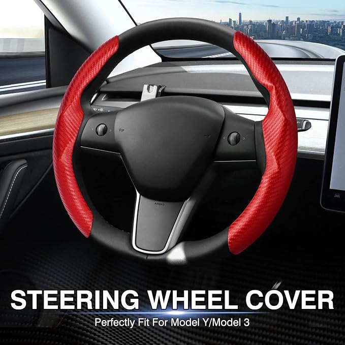 Canvcle Steering Wheel Cover for Tesla Model 3/Y 2016-2025 2026 Highland/Juniper Accessories Carbon Fiber Steering Wheel Cover Protector Non-Slip, Comfortable, Breathable, Model 3/Y Accessories, Red