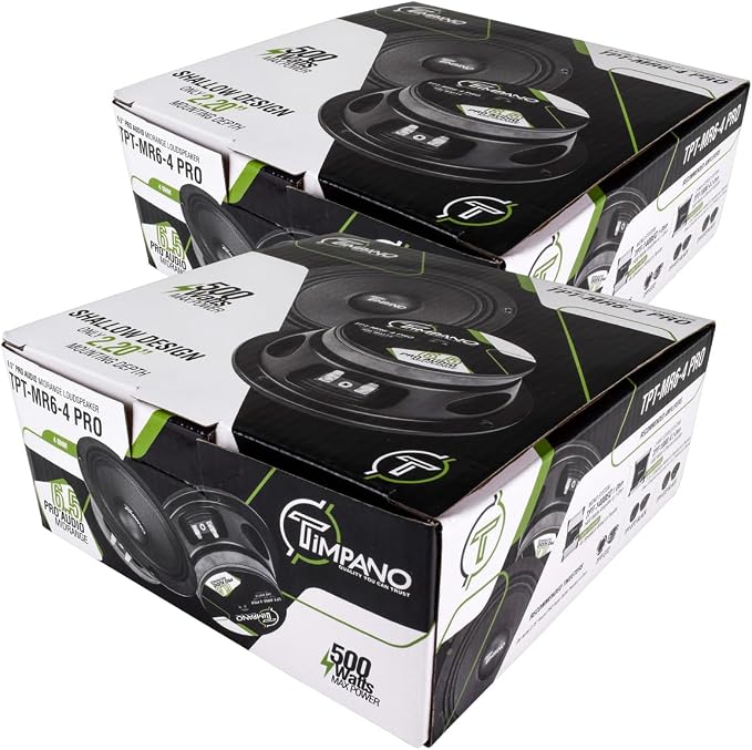 Timpano 6.5 Inch Shallow Midrange Speaker 500 Watts TPT-MR6-4 PRO Bundle 6.5 Midrange Speakers 4 Ohm Shallow Mount Car Audio Speaker, Pro Audio Loudspeaker Compact for Doors (Pair)