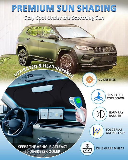 Sun Shade for Compass Windshield Sunshade Custom fit for Jeep Compass 2007-2017 Accessories Front Window Cover Retractable Sun Visor Protector Keep Interior Cool UV Blocker