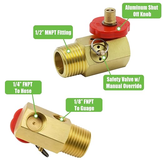 Grip Air Tank Assembly Kit - 4 ft Air Hose with 1/4" NPT Tire Chuck, Brass Manifold, 0-200 PSI Gauge - Safety Bypass Valve - Manual Override - On/Off Air Adjustment - Home, Garage, Workshop - 300 PSI
