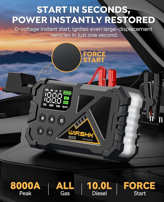Jump Starter with Air Compressor, 8000A 160PSI Portable 12V Car Jump Starter for All Gas or 10.0L Diesel Engine, Battery Booster with LCD Display, LED Light & Jump Cables