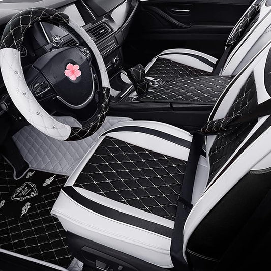 Car Seat Covers Full Set, Super Luxurious Heavy Duty Waterproof Leather Automotive Vehicle Cover for Cars SUV Pick-up Truck, Universal Non-Slip black white Seat Car Accessories (Full Set/White)