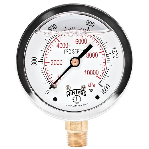 Winters 2-1/2" Dial Size, Liquid Filled Industrial Pressure Gauge, Brass Internals, Stainless Steel Case, Dual Scale 0-1,500 psi/kPa, 1.5% Acc, 1/4" NPT Bottom Mount, Glycerin Filled Pressure Gauge