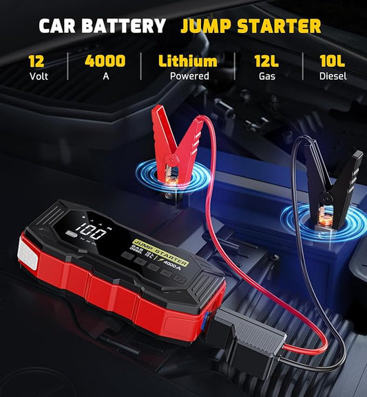 Jump Starter with Air Compressor 4000A Portable Car Battery Jump Starter (All Gas/10L Diesel), 160PSI Auto-Shutoff Tire Inflator Air Compressor, SuperSafe 12V Jump Box Car Battery Jumper Booster