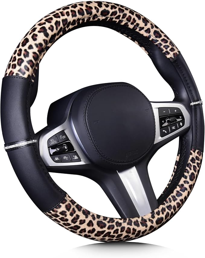 AUTOYOUTH Leopard Steering Wheel Cover - Bling Crystal Rhinestones Cheetah Print on Leather Non-Slip Breathable Design for Women/Girls Universal Fit 14.5-15 Inch(Black & Yellow)