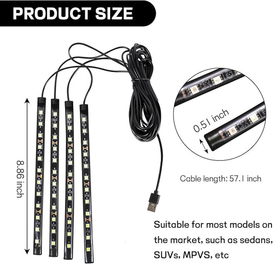 Car LED Strip Light, 12V 48 LED Interior Atmosphere Lights Under Dash Ambient Night Light, Universal Auto Interior Decorative Lamp with USB Port, Truck SUV Car Accessories (Ice Blue, USB)