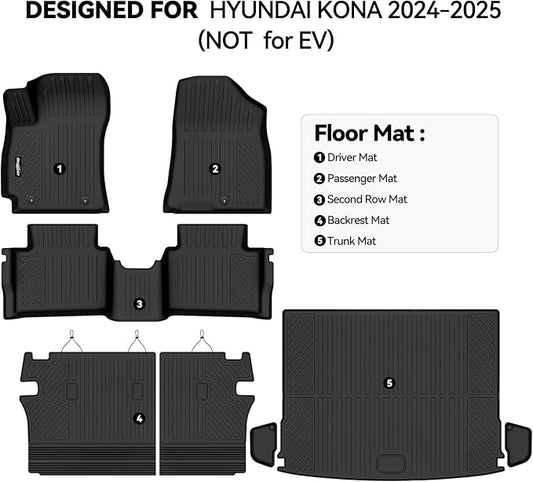 Floor Mats for Hyundai Kona Floor Mats 2024-2025 2026(No for EV), Trunk Mat and Backrest Mat All Weather TPE Protector for Hyundai Kona Accessories