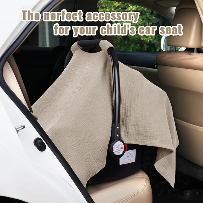 Metplus Muslin Car Seat Cover for Babies, 100% Cotton Breathable Infant Carseat Canopy for Summer, Lightweight Stroller Sunshade Covers for Newborns (Cereal)
