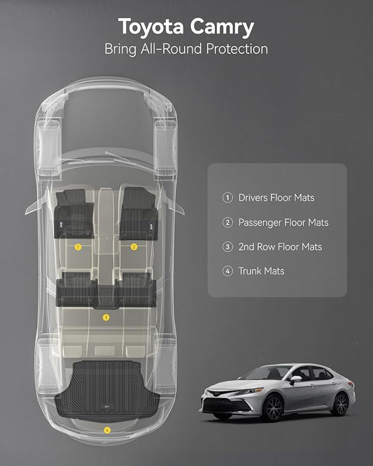 3W Floor Mats & Cargo Liner Fit Toyota Camry 2018-2024 FWD (Not for Hybrid or AWD), TPE All Weather Custom Fit Floor Liner, 1st and 2nd Row and Trunk Mat(L/LE/SE/TRD/XLE/XSE)