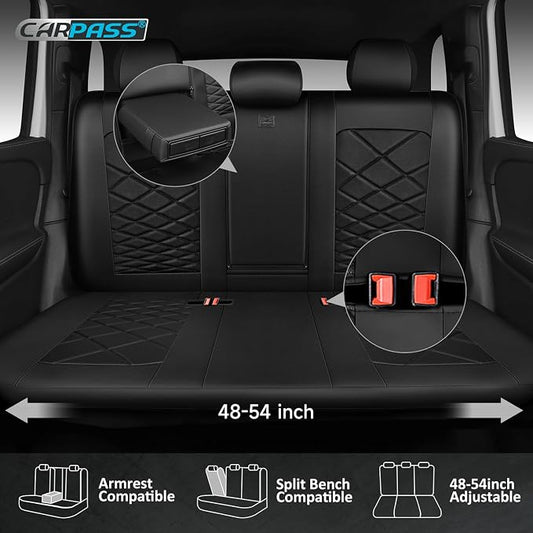 CAR PASS Luxury Nappa Leather Back Seat Covers, Piping Water Resistant Premium Perforated Leather Rear Bench Seat Covers, Breathable Backseat Cover Universal Fit for Most Sedan SUV Van Truck, Black