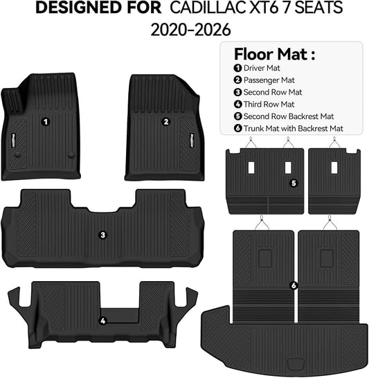 Floor Mats for 2020-2026 Cadillac XT6 7 Seats 2nd Row Bench Seats, Trunk Mat with Backrest Mat All Weather TPE Protector for Cadillac XT6 Accessories