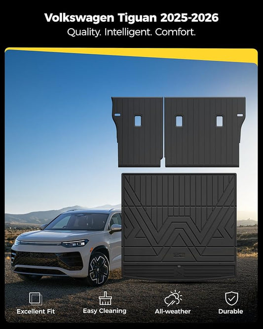 3W Cargo Liner & Seatback Mats for Volkswagen Tiguan 2025 2026, All-Weather Protection TPE Car Mats 2 Rows for VW Tiguan Accessories, Black