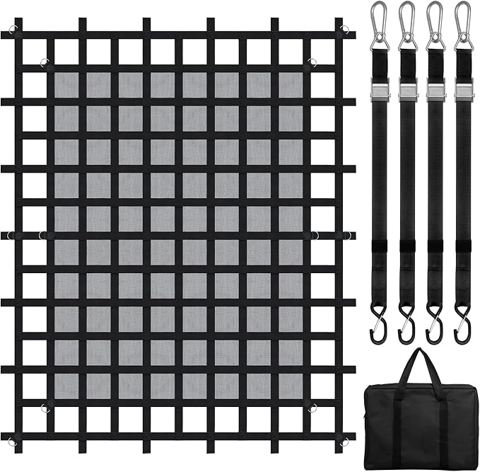VEVOR Cargo Net with Mesh, 96 in x 81 in, Heavy Duty Truck Cargo Net-(WLL) 1,500lbs, 4 Adjustable Straps with Carabiners & S-Hooks, Truck Bed Cover for Trailer, Pickup, Boat, Jeep, SUV 6.75' x 8'