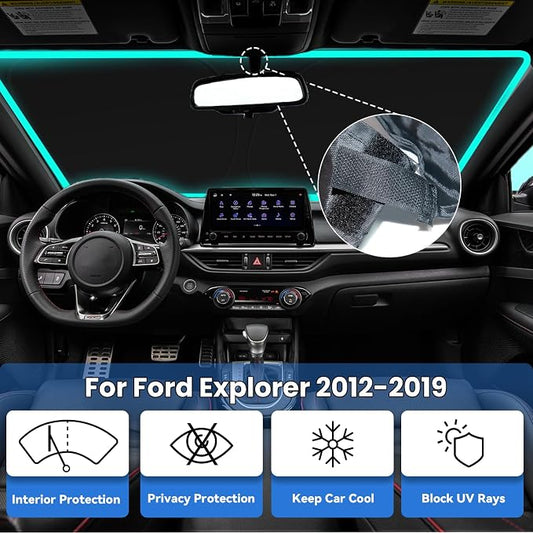 Windshield Sun Shade for Ford Explorer 2012-2019, Car Front Window Sunshade with 240T Sun Visor Protector Blocks UV Rays Heat Sun Shield Accessories