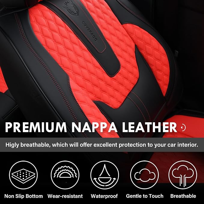 Coverado Car Seat Covers Full Set, 5 Seat Leather Seat Covers for Cars, Car Seat Protector with Lumbar Support, Waterproof Seat Covers Universal Fit for Most Cars SUV Trucks (Red&Black)