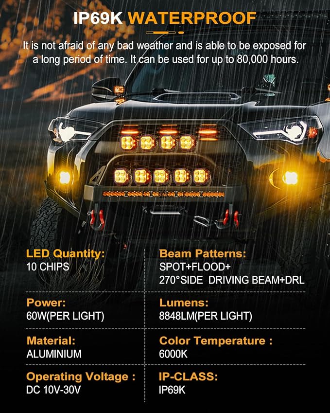 CO LIGHT 3 Inch 10300LM Cube Pods 210° Wide-Angle Yellow/White DRL Offroad Multi-Use for Trucks 4x4 ATV Motorcycle Spot Work Driving Fog Beams