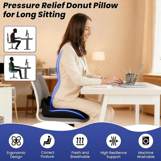 Donut Pillow Seat Cushion for Tailbone Pain Relief and Hemorrhoid – Memory Foam Ergonomic Office Chair Cushion for Home, Office, Car, Gaming, Pregnancy,– Comfortable, Breathable, and Washable