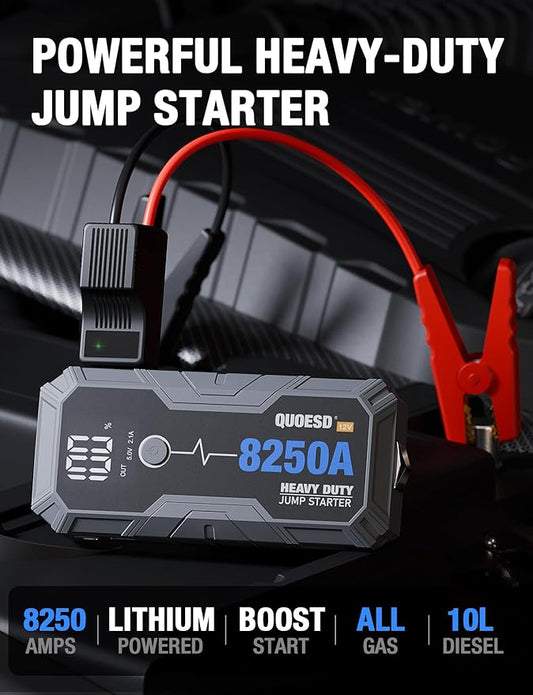 8250A Jump Starter Battery Jump Starter Battery Pack (for All Gas or 10.0+L Diesel), 12V Potable Heavy Duty Car Jump Start with 60W Power Bank 24-Months Stand-by Time