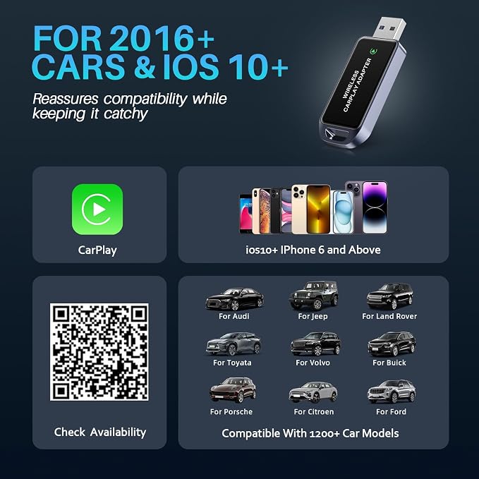 Wireless CarPlay Adapter for iPhone, Instant Auto-Connect Bluetooth Apple CarPlay Adapter, Zero Delay, Plug & Play, Stable Bluetooth & Compact Design, 2016+ Car Compatible
