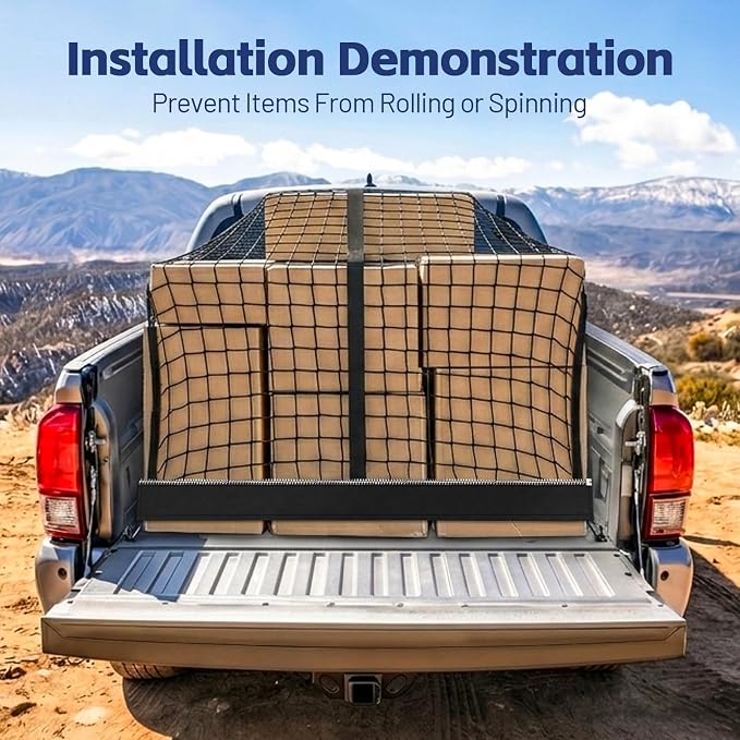 Cargo Net for Ford F-Series 2015-2026, Nissan Titan 2016-2024 | Heavy Duty Truck Bed Organizer, Highly Elastic Tailgate Net with Carabiners, Weatherproof Mesh Cover with Attached Zipper Bag