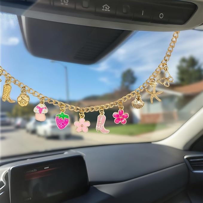 Strawberry & Flower Seashell Butterfly Rear View Mirror Charm – Cute Boho Car Hanging Decor with Bow, Lucky Mushroom & Cowboy Boot, Car Accessories for Women, Gift for Drivers