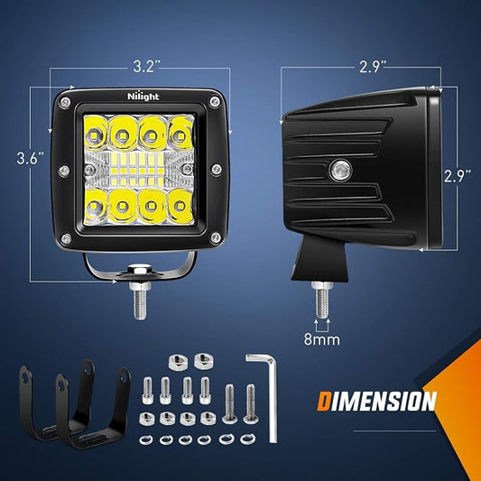 Nilight LED Pods 2Pcs 3 Inch 42W LED Cubes Spot Flood Combo Square Driving Fog Off Road Work Lights for Trucks Pickup Golf Cart SUV ATV UTV 4x4 Van Camper