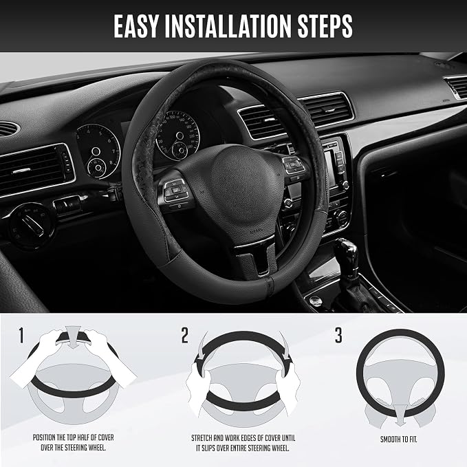 PIC AUTO Steering Wheel Cover, Black Patterned Leather Patchwork Design, Universal Fit 14.5"–15.5", Anti-Slip, Odor-Free, Soft PU Grain Leather, Durable Grip Car Accessory for Girls & Women