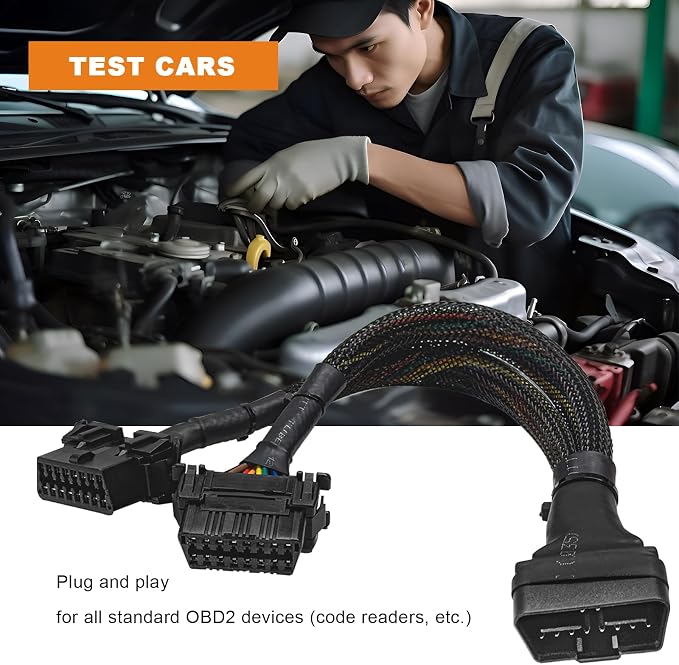 OBD2 Splitter, 16 Pin 1×Male to 2×Female Extension Connector Cable Splitter, Universal OBDII Extension Y Flat Ribbon Cord Adapter for Car Diagnostic Scanner, Car Accessories