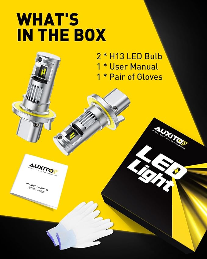 AUXITO H13 Bulb, 6500K Ultra White 10X Increased Brightness, Precision 1:1 Mini Design, Simple Plug Play Installation, Stable Illumination, 99% Vehicles Supported, Pack of 2