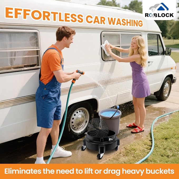 ROBLOCK 5 Gallon Bucket Dolly Roller with Wheels, Detailing Bucket Dolly with Dirt and Grit Traps Insert, Car Wash Accessories for Car Washing, Cleaning, Carrying