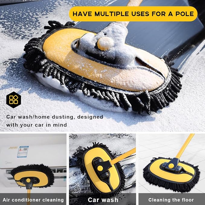 Car Wash Brush Kit, 40" Auto Wash Mop with 15° Curved Extendable Long Handle, Soft Scratch-Free Car Cleaning Mop Mitt to Clean Your Car Shine Like New, Car Accessories (Black+Yellow)