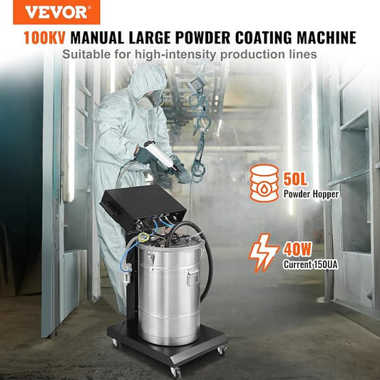 VEVOR Powder Coating System - 40W 100KV Electrostatic Output Kit with 50L Powder Hopper, 450g/Min Spray Gun & Trolley Base, Indoor/Outdoor