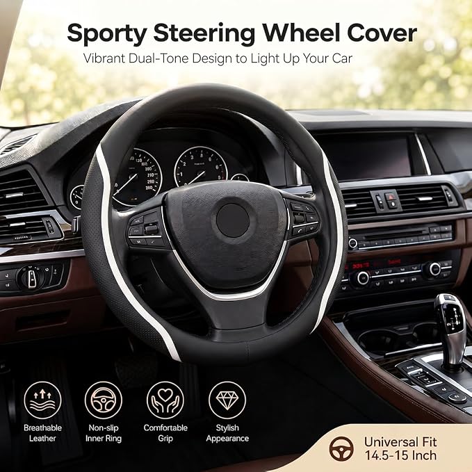 Steering Wheel Cover Black White, Carbon Fiber Car Steering Wheel Covers with Coasters Universal 14.5-15 inch Leather Microfiber Breathable Anti-Slip Steering Wheel Accessories Set