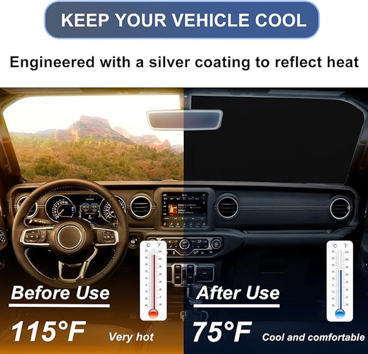 Windshield Sun Shade for 2018-2026 Jeep Wrangler JL JLU & 2020-2026 Gladiator JT, 310T Polyester Foldable Front Window Shade Cover, Full Coverage UV Heat Blocker, Keep Interior Cool