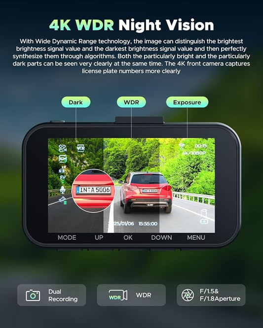 4K Dash Cam Front and Rear with 64GB Card, 5G WiFi & App Control | Full HD 3.0" IPS Screen Dash Camera for Cars with Night Vision, WDR, G-Sensor, Loop Recording & Parking Mode for Drivers