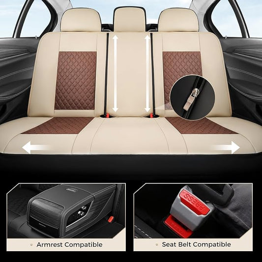 Coverado Car Seat Covers Full Set, Beige Brown Car Seat Covers, Luxury Diamond Leather Car Seat Cover with Carbon Fiber Weave, Spill-Proof Seat Cushions, Automotive Seat Cover Universal Fit Most Cars