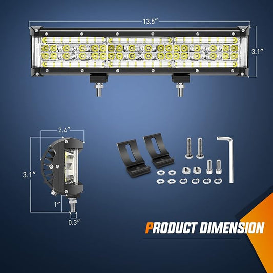 Nilight 13.5 Inch Side Shooter LED Light Bar Quadruple Row Spot Flood Combo Lights w/Wiring Kit for Fog Driving Work Lighting on Truck SUV ATV UTV Pick-up Van Boat Tractor