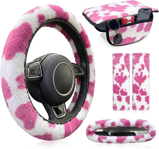 5 Pcs Fuzzy Cow Print Car Accessories Set, Soft Fluffy Plush Steering Wheel Cover, Center Console Armrest Pad & Rearview Mirror Cover - Interior Decorations for Women,Universal Fit (Pink Cow)