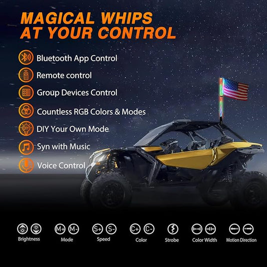 Nilight RGB Whip Light 1PC 3FT Lighted Antenna Whips with Remote & App Control DIY Chasing Patterns Brake Reverse Lights for ATV UTV Polaris RZR Can-am Dune Buggy Pickup Trucks Jeep