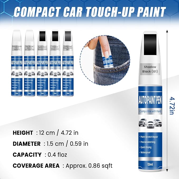 Touch Up Paint for Cars Shadow Black (G1), Compatible with Ford F-150/Explorer/Mustang/Ranger/Escape/Edge, 2-in-1 Car Scratch Repair Pen, Exact Color Match, Waterproof & Quick Dry