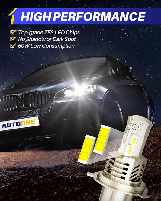 AUTOONE 9003 LED Bulbs Hi/Lo 6000K White 60000LM with Cooling Fan, H4/HB2 Halogen Replacement, IP68, Pack of 2