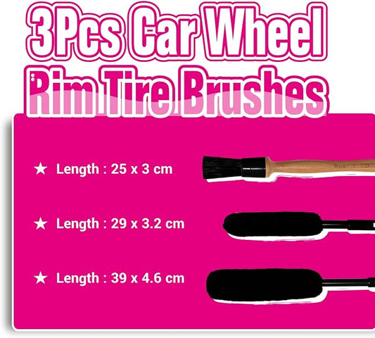 H.O.W 3pcs Car Wheel Rim Tire Brushes for Cleaning Tires, Detailing & Tire Scrub Brush Kit