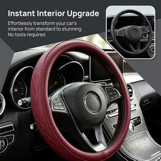 Zpana Car Steering Wheel Cover, 14.5-15" Breathable Soft Leather Vehicle Steering Wheel Protector with Anti-Slip Lining, Comfortable Auto Interior Decoration Accessories, Universal Fit (Red)
